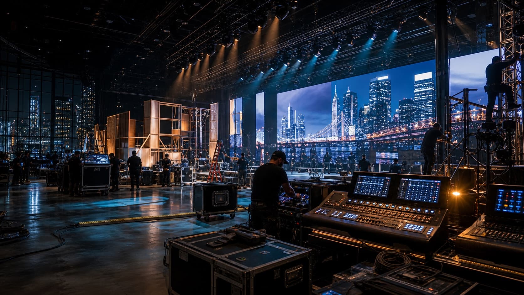 Cinematic event production environment with LED wall, lighting, scenic fabrication, audio consoles, and crew.