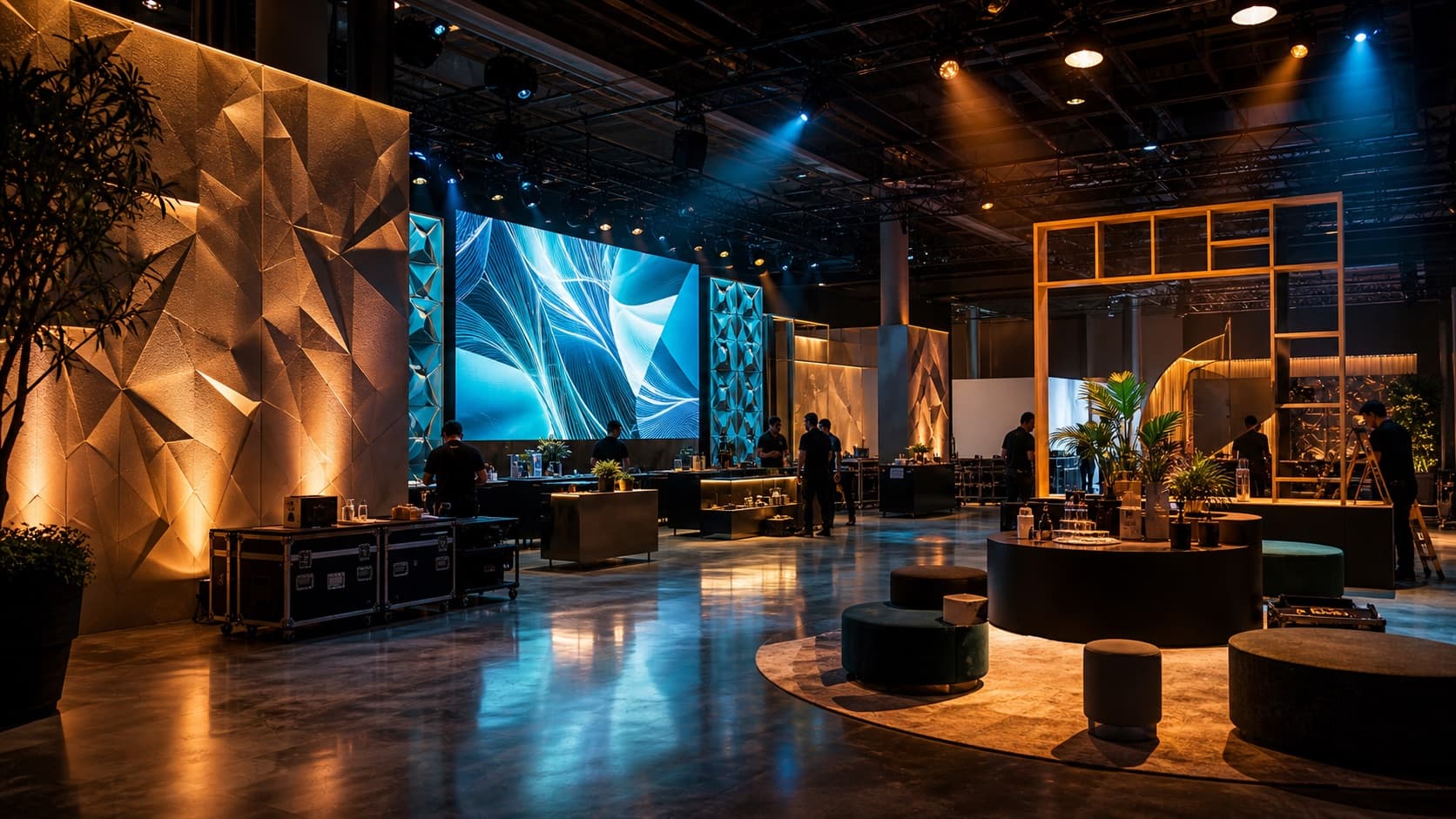 Sample brand activation environment with scenic fabrication, LED content, lighting, and demo zones.