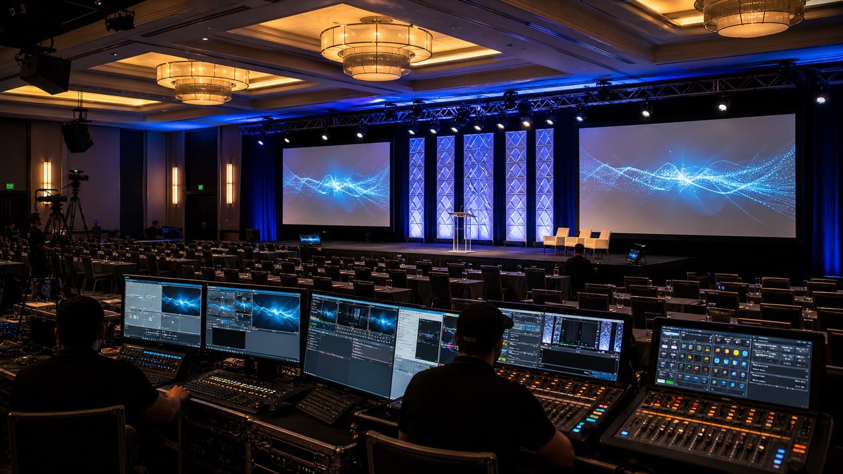 Sample corporate conference AV room with stage screens, lighting, audio, and control position.
