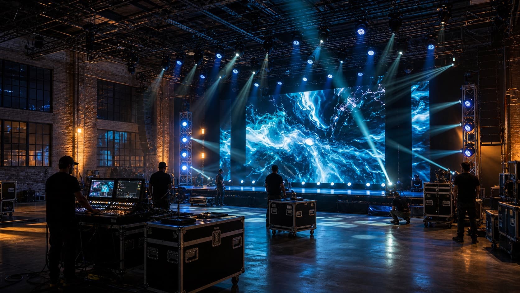 Sample LED video wall and lighting install in a warehouse venue with show control equipment.