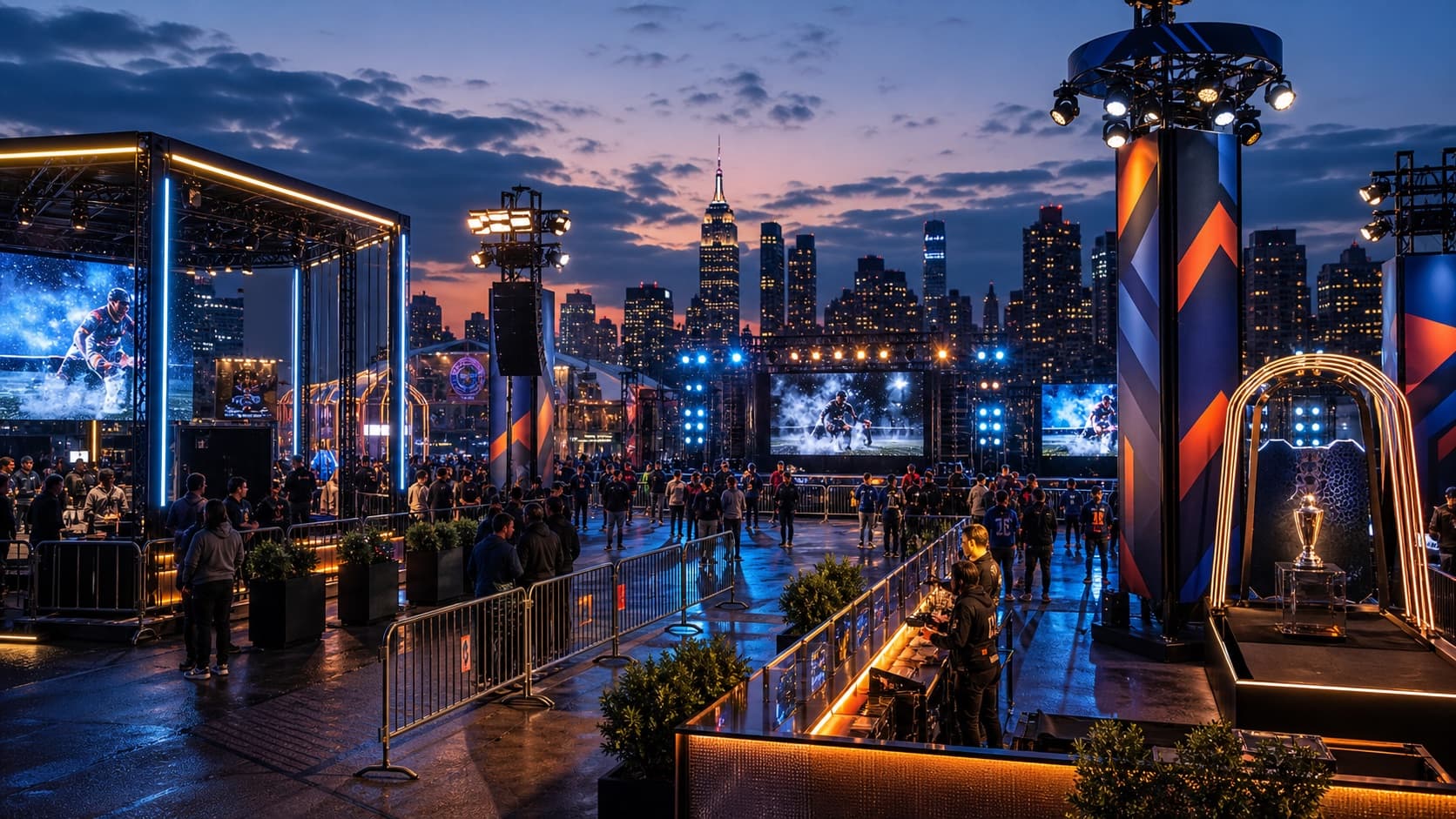 Sample sports fan activation with scenic displays, sponsor zones, audio support, and event lighting.