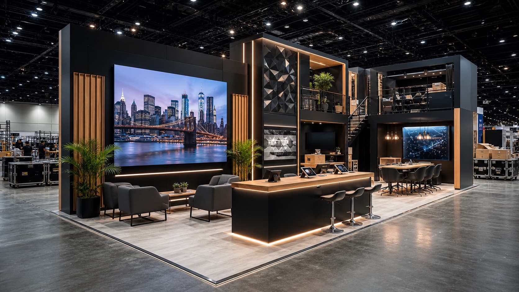 Sample trade show booth environment with scenic fabrication, LED display wall, demo counters, and lighting.